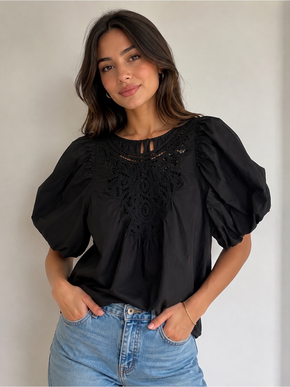 Free People Black Crochet Yoke Puff Sleeve Blouse